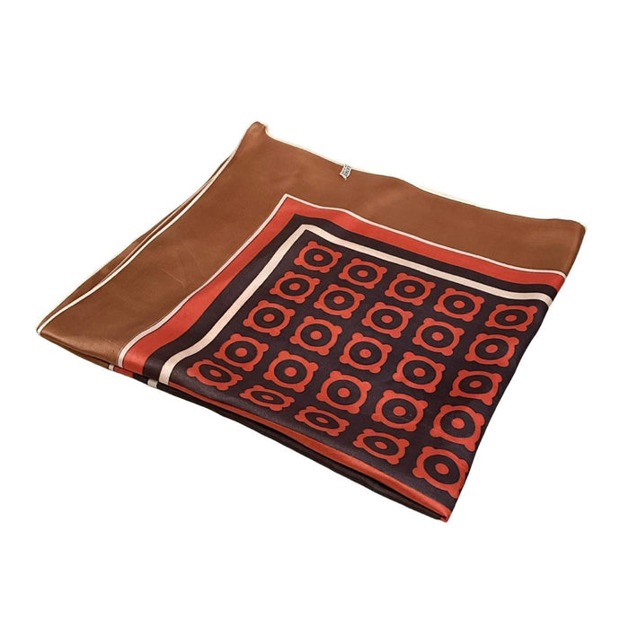 VTG 60S 70S BROWN CREAM RED BLACK GEOMETRIC TILE PRINT SCARF