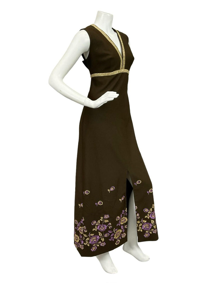 VTG 60S 70S BROWN GOLD PURPLE FLORAL EMBROIDERED EMPIRE PLUNGE MAXI DRESS 10