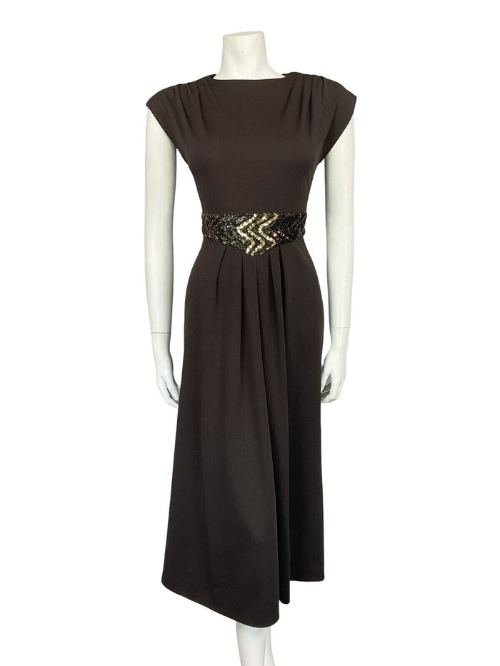 VTG 60S 70S BROWN GOLD SEQUIN BAND PLEATED TUNIC MOD PARTY MIDI DRESS 8