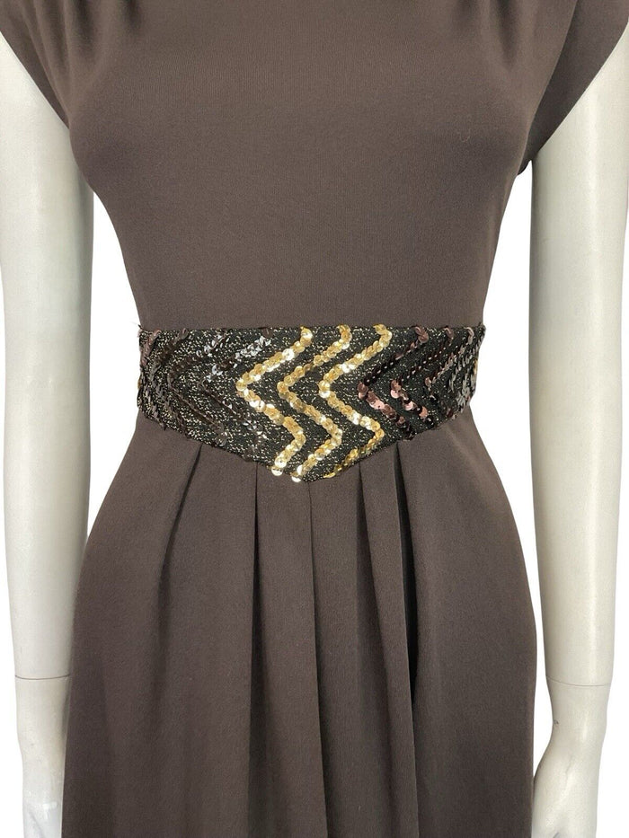 VTG 60S 70S BROWN GOLD SEQUIN BAND PLEATED TUNIC MOD PARTY MIDI DRESS 8