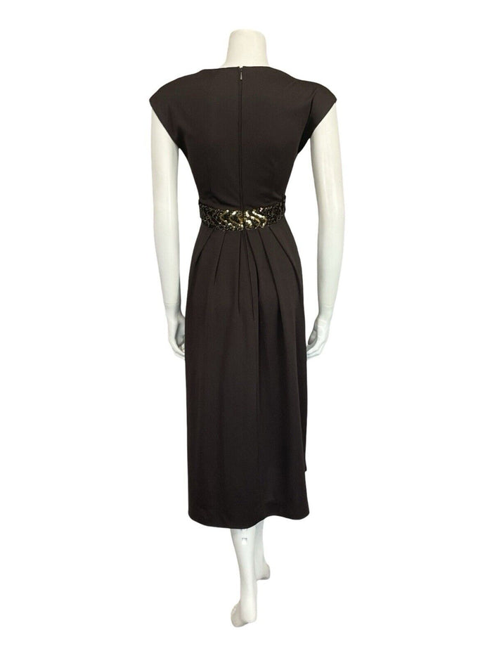 VTG 60S 70S BROWN GOLD SEQUIN BAND PLEATED TUNIC MOD PARTY MIDI DRESS 8