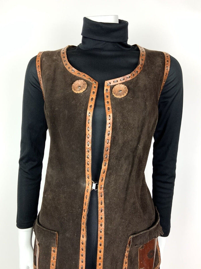 VTG 60s 70s BROWN ORANGE SUEDE LEATHER TASSLED BOHO FOLK WAISTCOAT DRESS 12