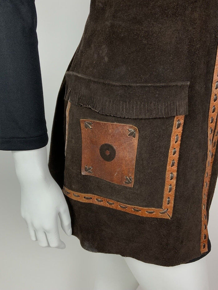 VTG 60s 70s BROWN ORANGE SUEDE LEATHER TASSLED BOHO FOLK WAISTCOAT DRESS 12