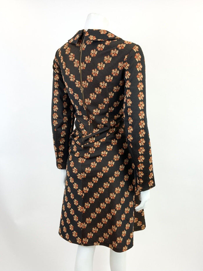 VTG 60s 70s BROWN ORANGE YELLOW FLORAL STRIPED SPOON COLLAR SHIRT DRESS 14 16