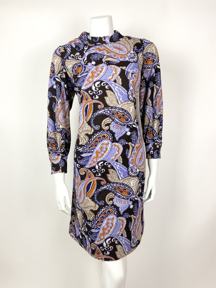 VTG 60s 70s BROWN PURPLE BLUE ORANGE PAISLEY PSYCHEDELIC MOD SHIFT DRESS 14 16