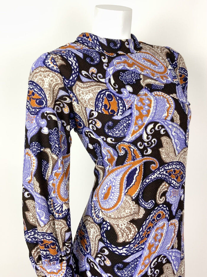 VTG 60s 70s BROWN PURPLE BLUE ORANGE PAISLEY PSYCHEDELIC MOD SHIFT DRESS 14 16