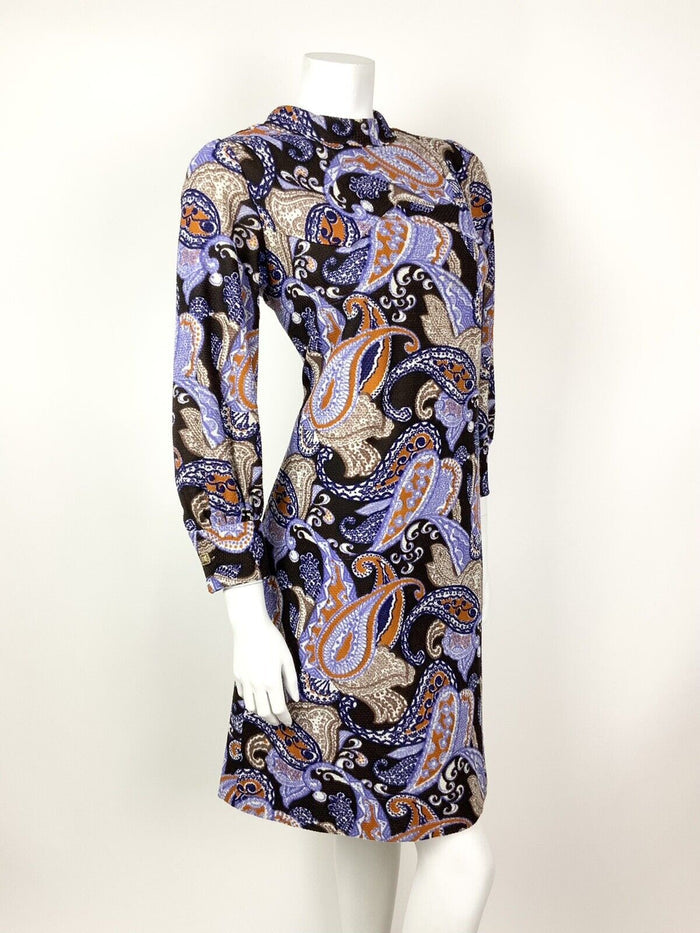 VTG 60s 70s BROWN PURPLE BLUE ORANGE PAISLEY PSYCHEDELIC MOD SHIFT DRESS 14 16