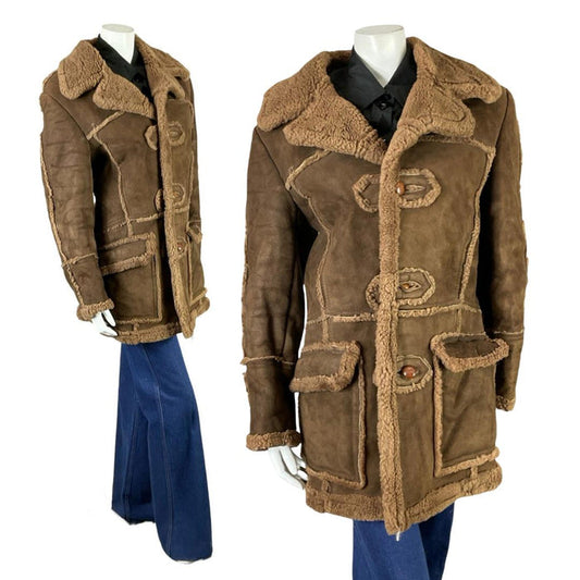 VTG 60S 70S BROWN SUEDE CONTRAST SEAM ROUND LAPEL BOHO HIPPY SHEARLING COAT 14