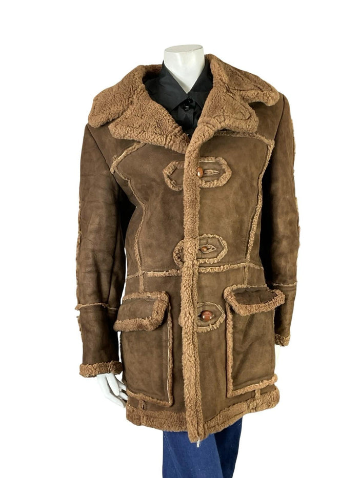 VTG 60S 70S BROWN SUEDE CONTRAST SEAM ROUND LAPEL BOHO HIPPY SHEARLING COAT 14