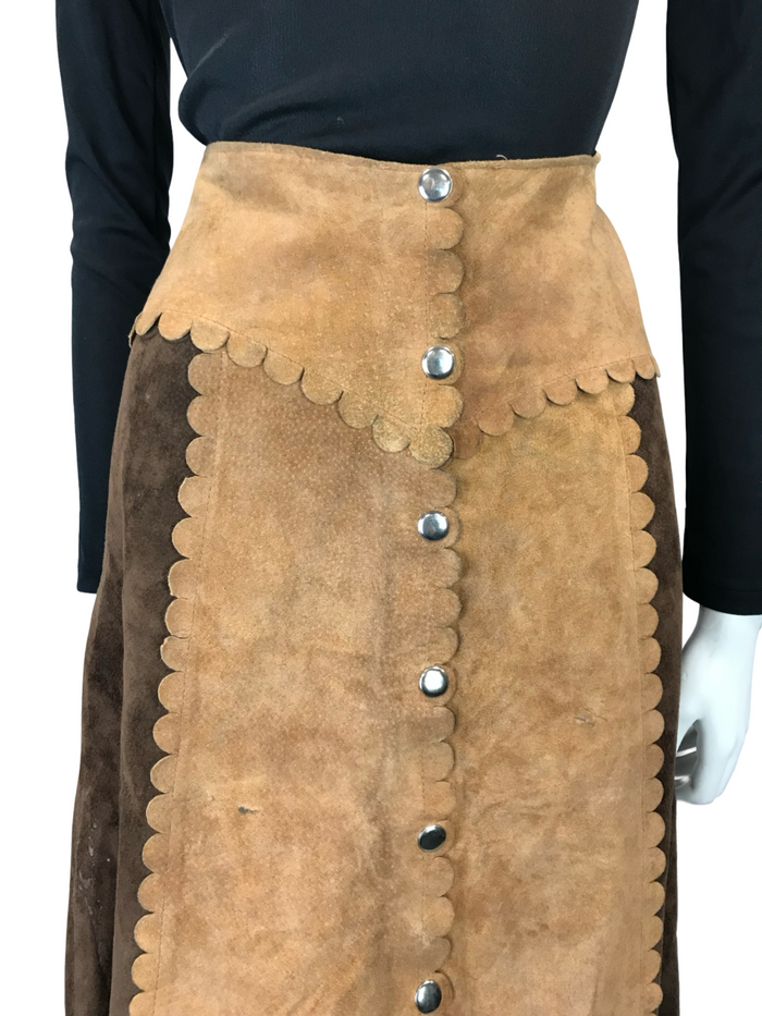 VTG 60S 70S BROWN TAN SUEDE TWO TONE SCALLOPED HIPPY BOHO MIDI SKIRT 6 XS