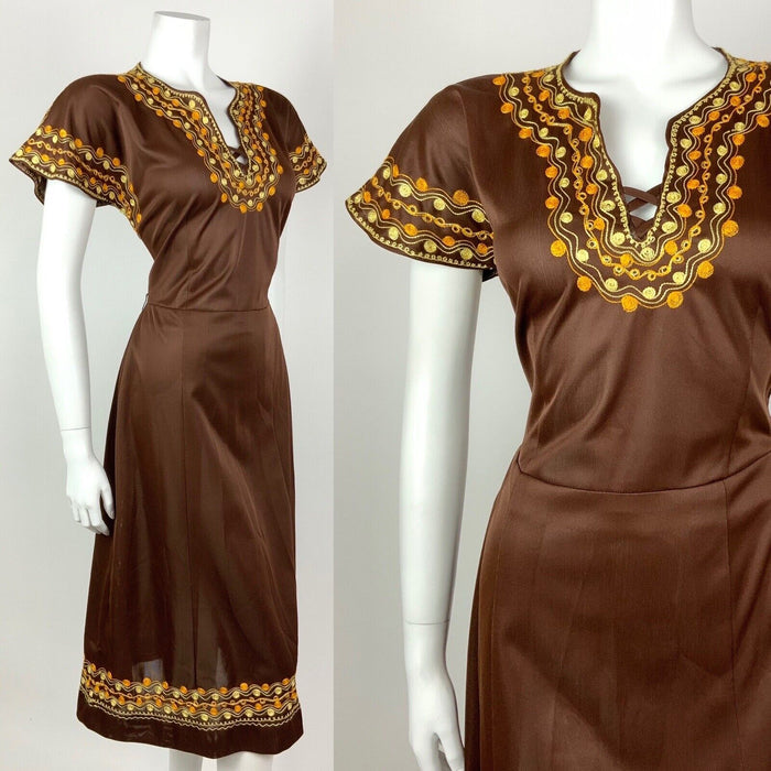 VTG 60s 70s BROWN YELLOW ORANGE EMBROIDERY KAFTAN SWIRL BOHO FOLK DRESS 12 14