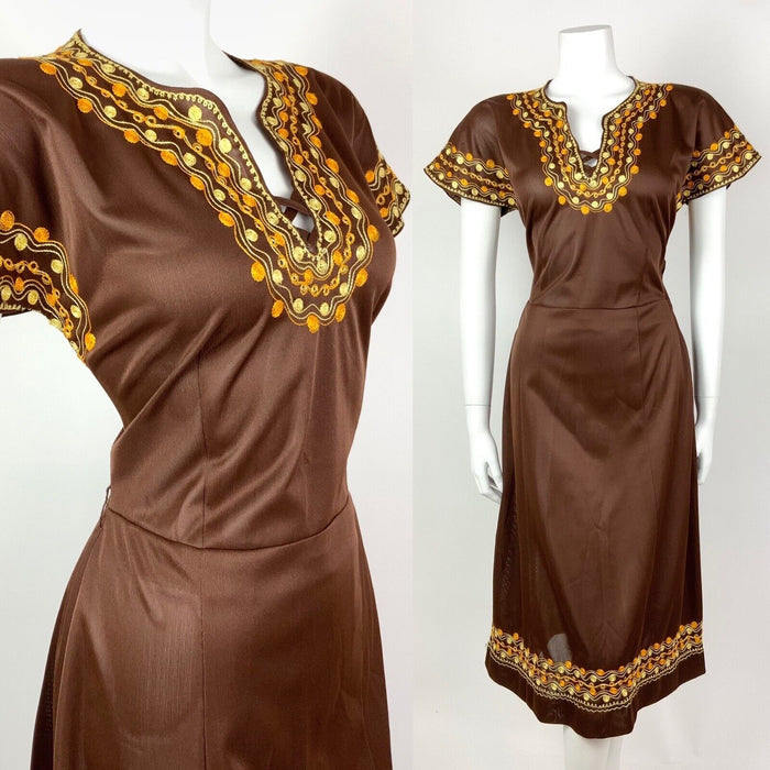 VTG 60s 70s BROWN YELLOW ORANGE EMBROIDERY KAFTAN SWIRL BOHO FOLK DRESS 12 14