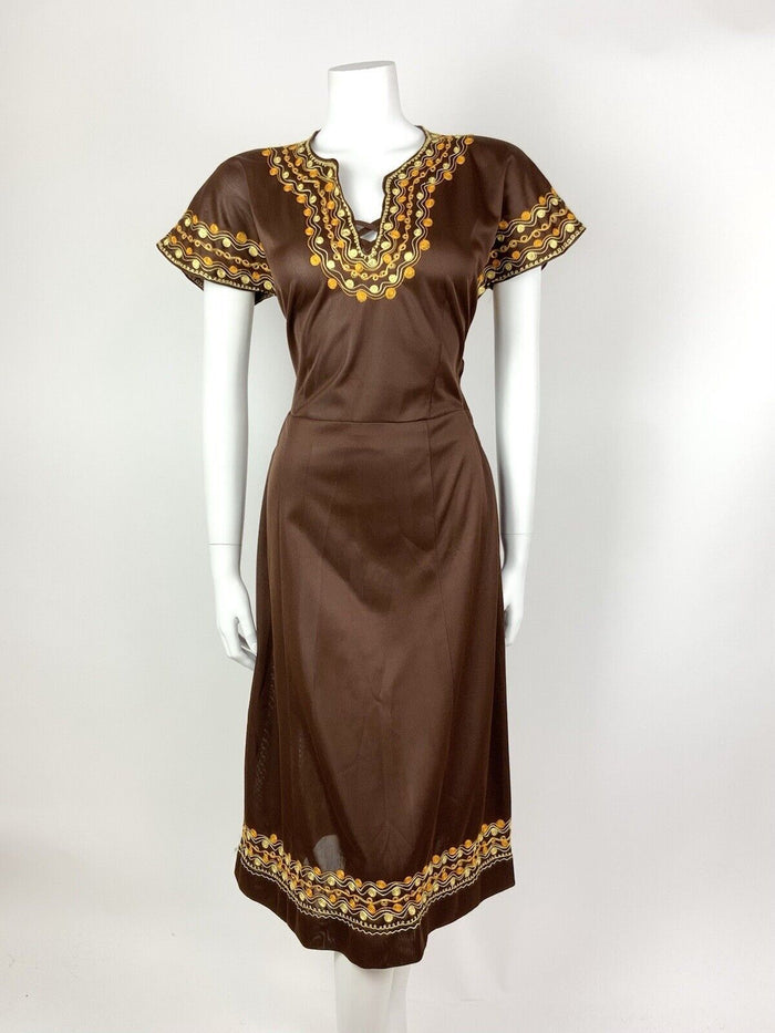 VTG 60s 70s BROWN YELLOW ORANGE EMBROIDERY KAFTAN SWIRL BOHO FOLK DRESS 12 14