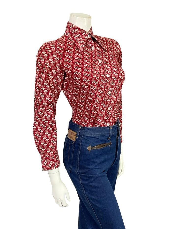 VTG 60S 70S BURGUNDY RED WHITE DAINTY FLORAL MOD DAGGER COLLAR SHIRT 8 10 S