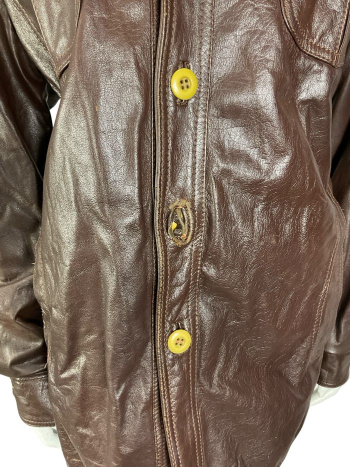 VTG 60S 70S CHOCOLATE BROWN LEATHER DOG EAR COLLAR BUTTON UP MOD JACKET 16 18 L