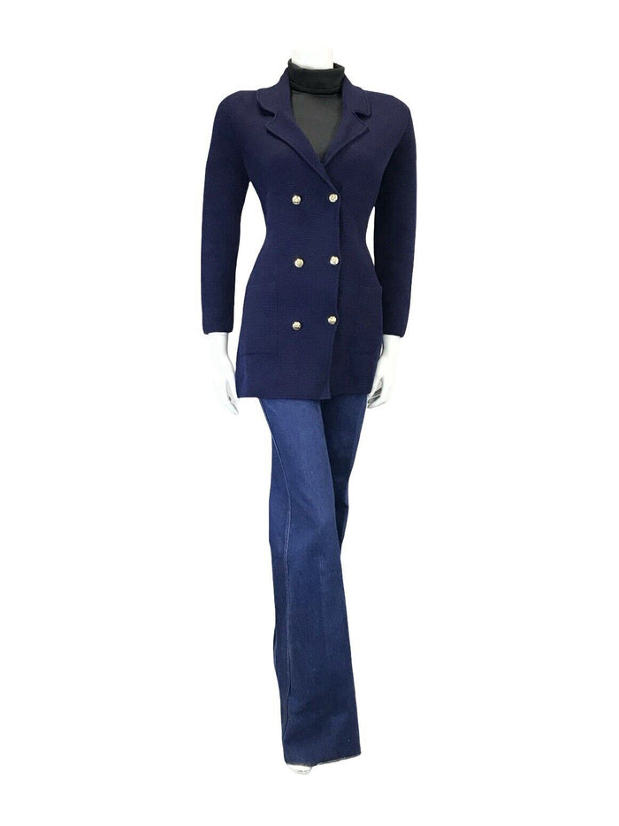 VTG 60S 70S CLASSY NAVY BLUE KNIT DOUBLE BREASTED TAILORED NOTCH BLAZER M 12 14