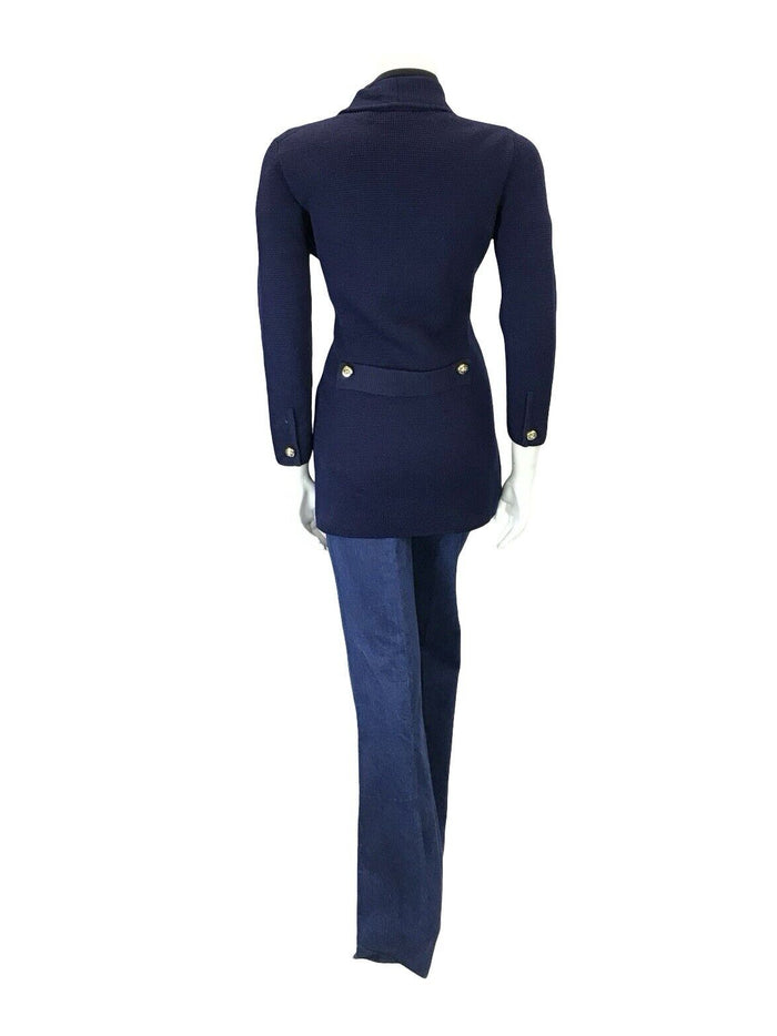 VTG 60S 70S CLASSY NAVY BLUE KNIT DOUBLE BREASTED TAILORED NOTCH BLAZER M 12 14