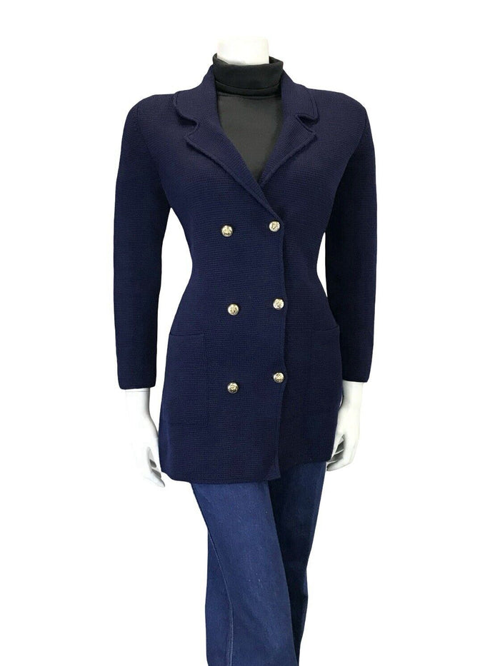 VTG 60S 70S CLASSY NAVY BLUE KNIT DOUBLE BREASTED TAILORED NOTCH BLAZER M 12 14