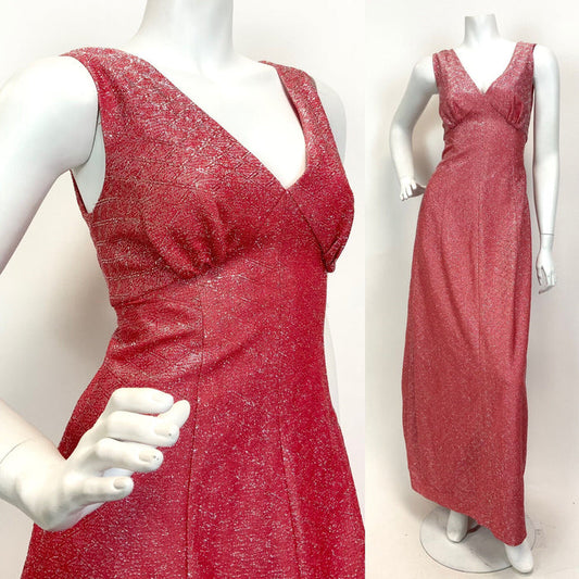 VTG 60s 70s CORAL RED SILVER METALLIC LUREX DISCO GLAM STUDIO 54 MAXI DRESS 10