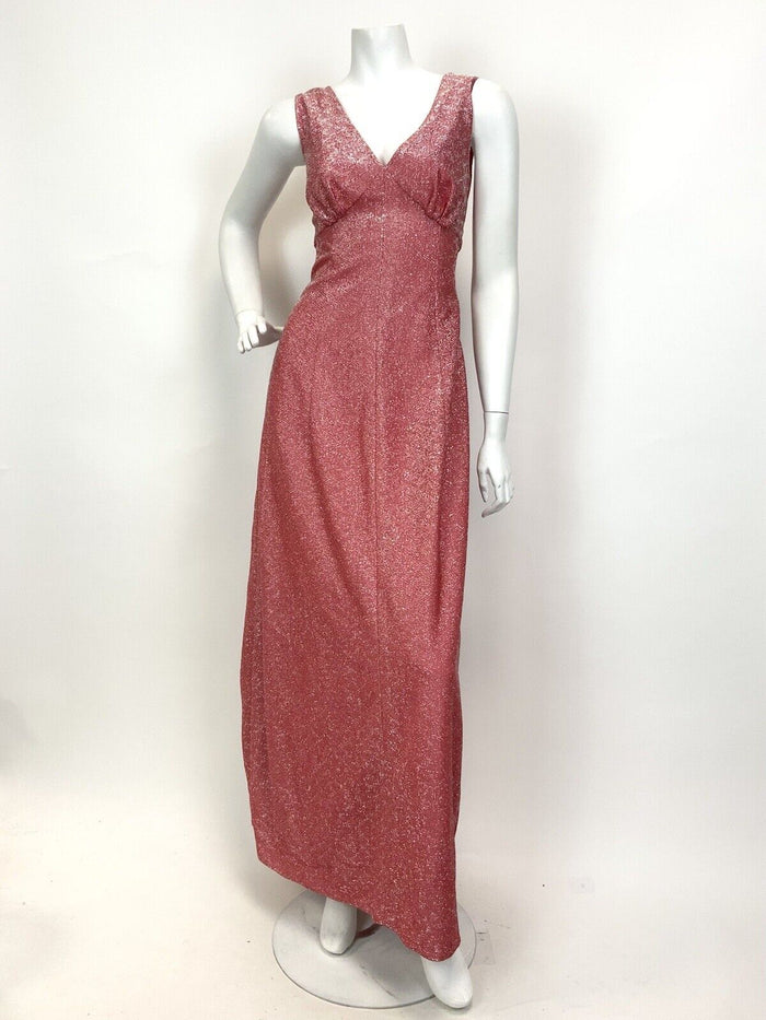 VTG 60s 70s CORAL RED SILVER METALLIC LUREX DISCO GLAM STUDIO 54 MAXI DRESS 10