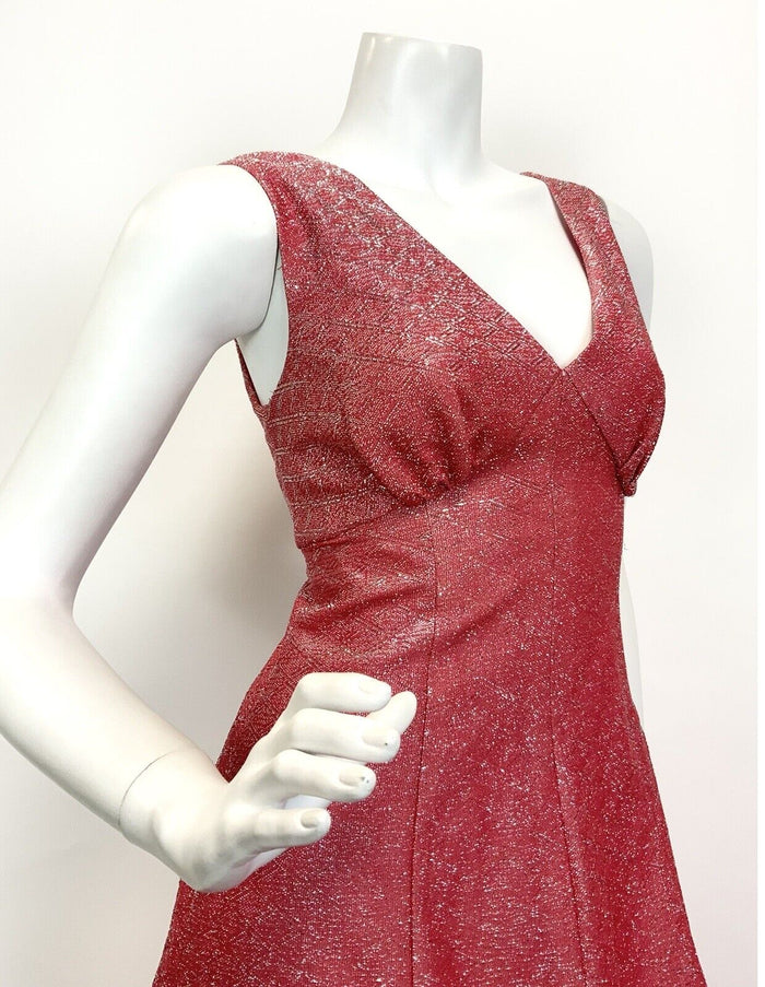 VTG 60s 70s CORAL RED SILVER METALLIC LUREX DISCO GLAM STUDIO 54 MAXI DRESS 10