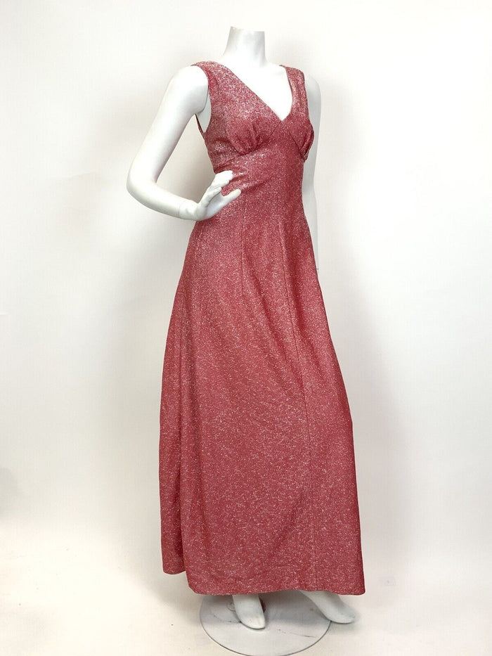 VTG 60s 70s CORAL RED SILVER METALLIC LUREX DISCO GLAM STUDIO 54 MAXI DRESS 10