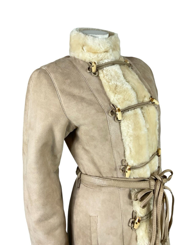 VTG 60S 70S CREAM BEIGE BOHO DR ZHIVAGO LEATHER WAIST TIE SHEARLING LONG COAT 10