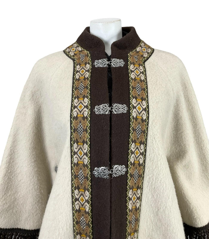 VTG 60S 70S CREAM BEIGE BROWN NORDIC WOOL FELT FRINGE BOHO FOLK CAPE 6 8 10 S