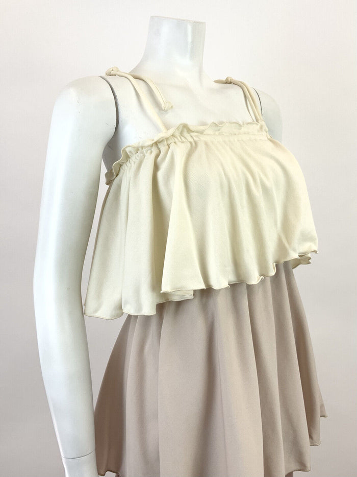 VTG 60s 70s CREAM BEIGE BROWN TIERED FLAPPER STUDIO 54 STRAPPY SUN-DRESS 8 10