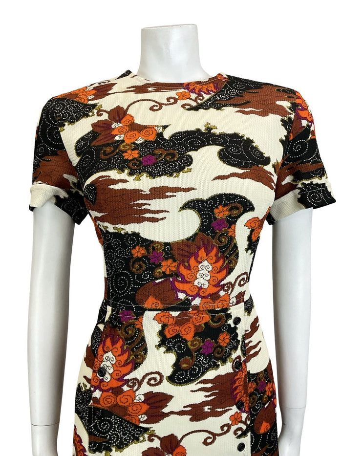 VTG 60S 70S CREAM BLACK BROWN ORANGE PSYCHEDELIC SWIRL CLOUD WIGGLE DRESS 14