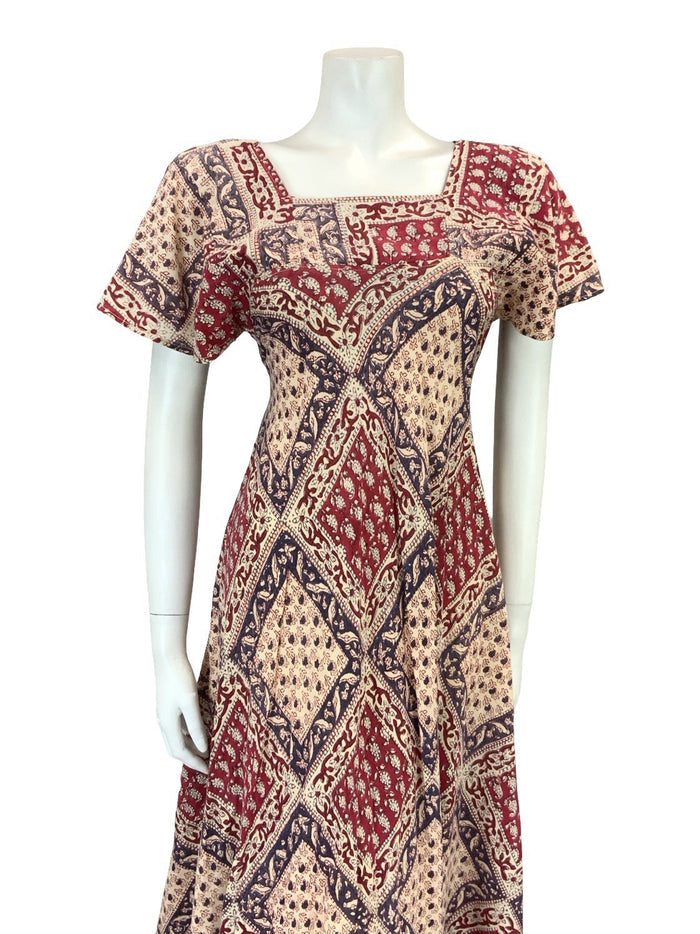 VTG 60S 70S CREAM BLUE RED BIRD FLORAL BOHO COTTON EMPIRE SMOCK FLARE DRESS 6