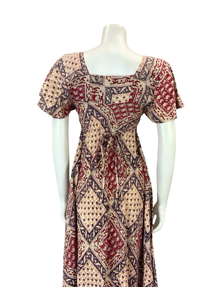 VTG 60S 70S CREAM BLUE RED BIRD FLORAL BOHO COTTON EMPIRE SMOCK FLARE DRESS 6