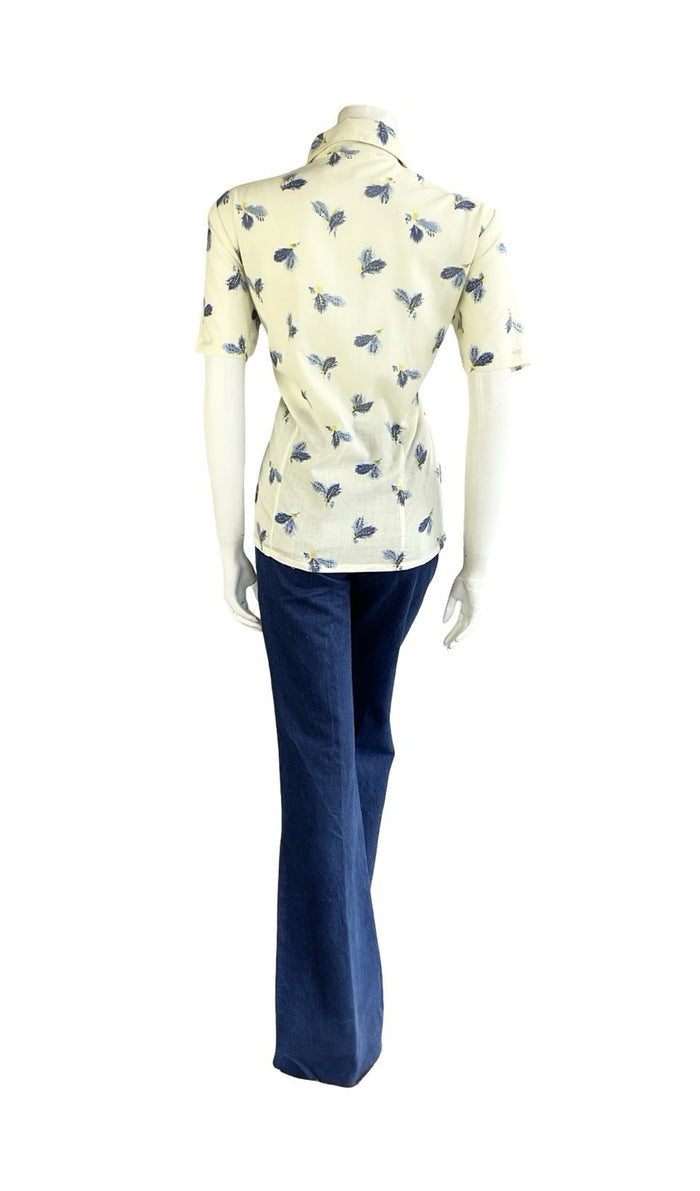 VTG 60S 70S CREAM BLUE YELLOW FEATHER DAGGER COLLAR MOD SHORT SLEEVE SHIRT 16
