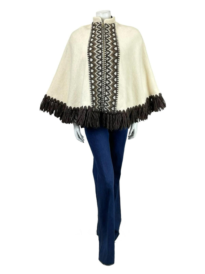 VTG 60S 70S CREAM BROWN ICELANDIC WOOL GEOMETRIC FRINGE MANDARIN CAPE 6 8