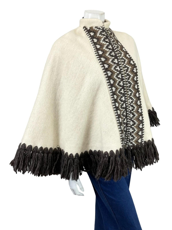 VTG 60S 70S CREAM BROWN ICELANDIC WOOL GEOMETRIC FRINGE MANDARIN CAPE 6 8