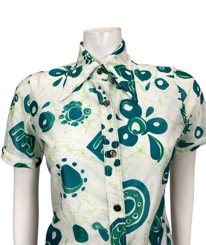 VTG 60S 70S CREAM GREEN ABSTRACT GEOMETRIC BRUSHSTROKE DAGGER SHIRT 10