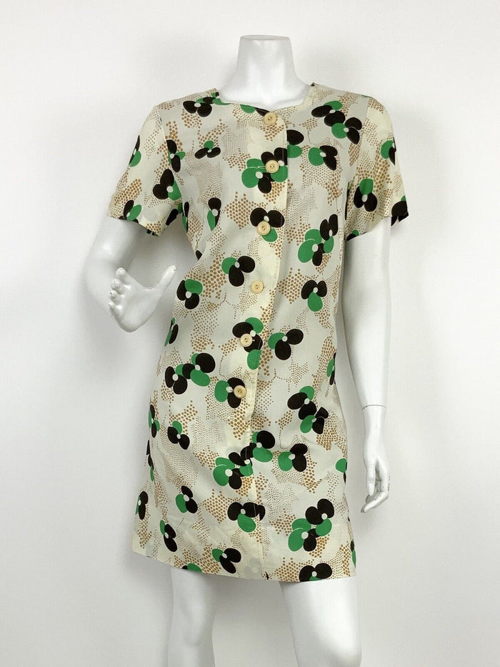 VTG 60s 70s CREAM GREEN BLACK GOLD FLORAL POLKA DOT SWEETHEART A-LINE DRESS 12