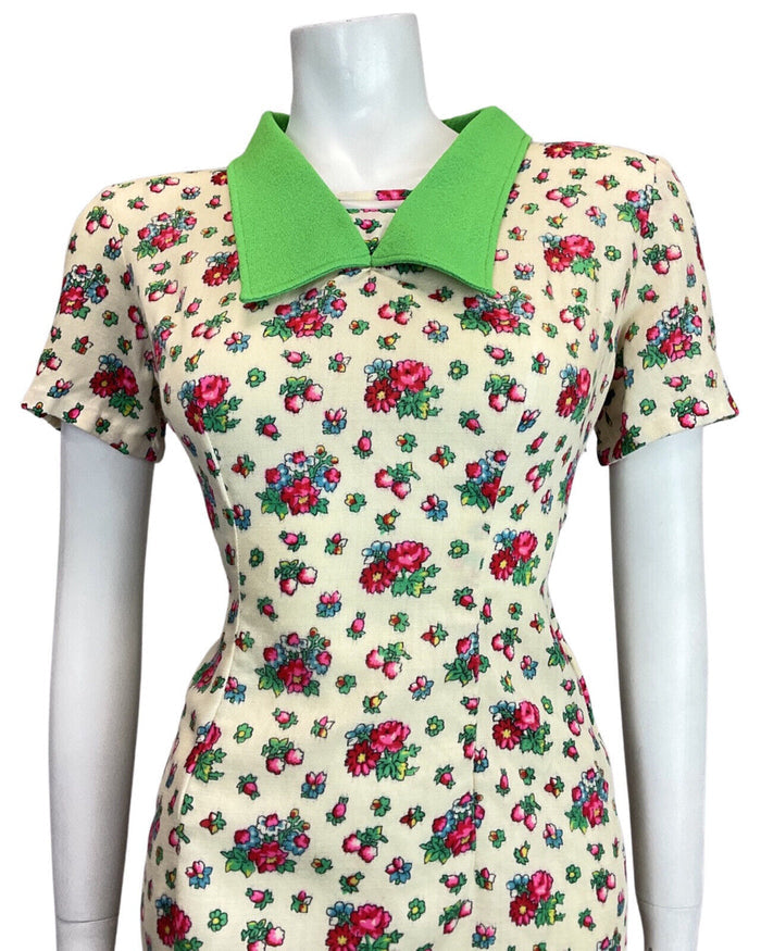 VTG 60s 70s CREAM GREEN RED PINK FLOWER DITSY CHELSEA COLLAR WIGGLE DRESS 12 14