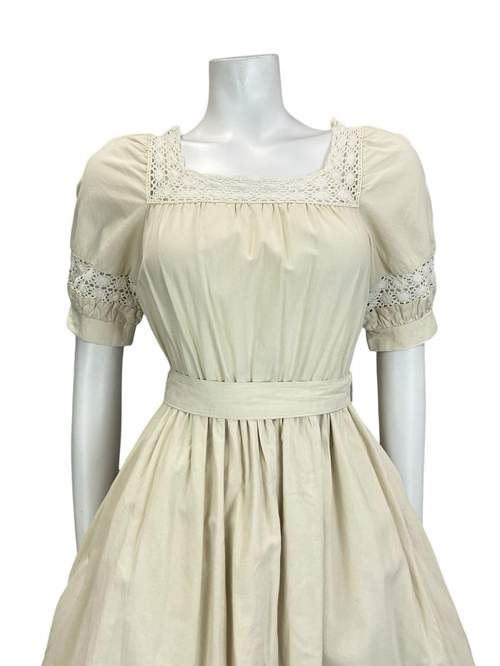 VTG 60S 70S CREAM LINEN CROCHET LACE PUFF SLEEVE PEPLUM FOLK PRAIRIE DRESS 10