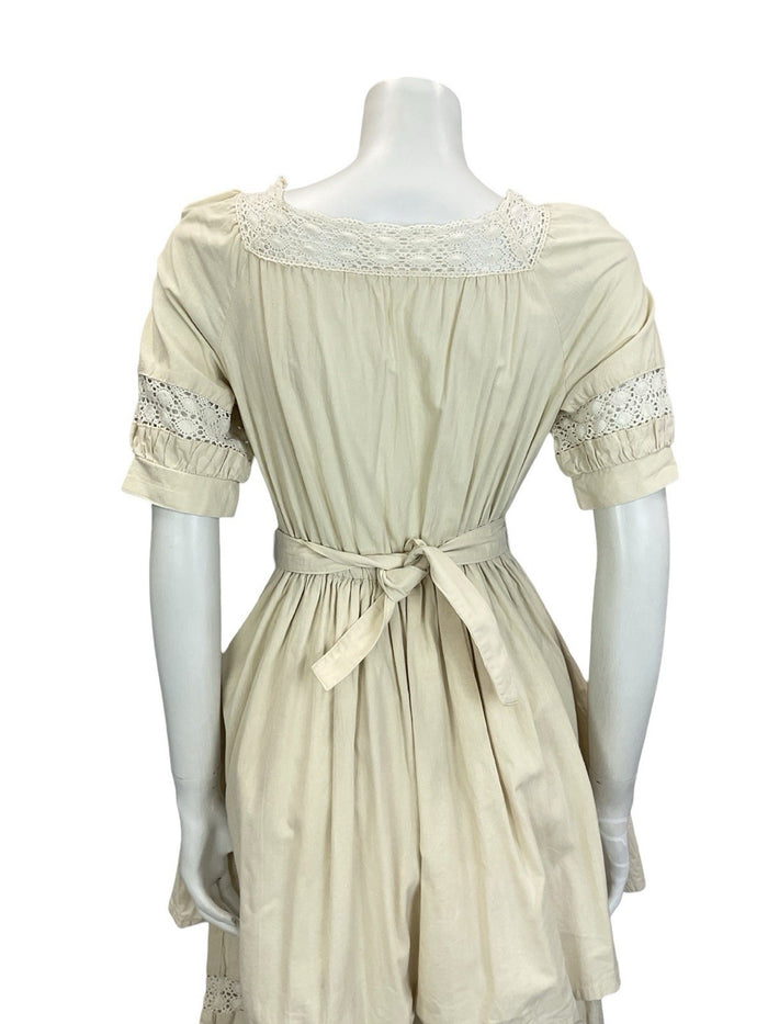 VTG 60S 70S CREAM LINEN CROCHET LACE PUFF SLEEVE PEPLUM FOLK PRAIRIE DRESS 10