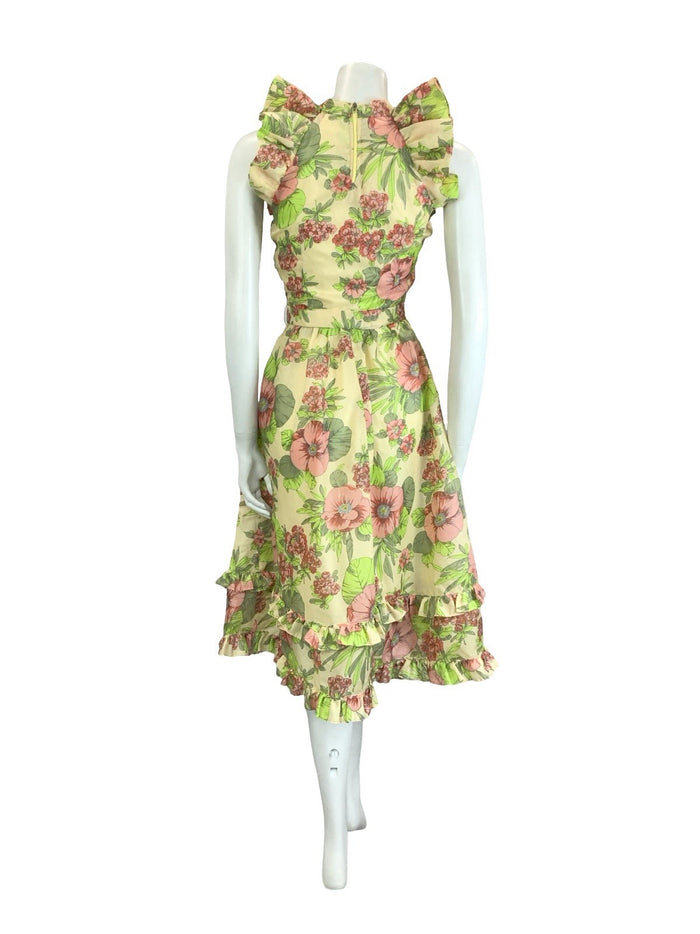 VTG 60S 70S CREAM PINK GREEN FLORAL RUFFLE KEYHOLE BELTED A LINE MIDI DRESS 4
