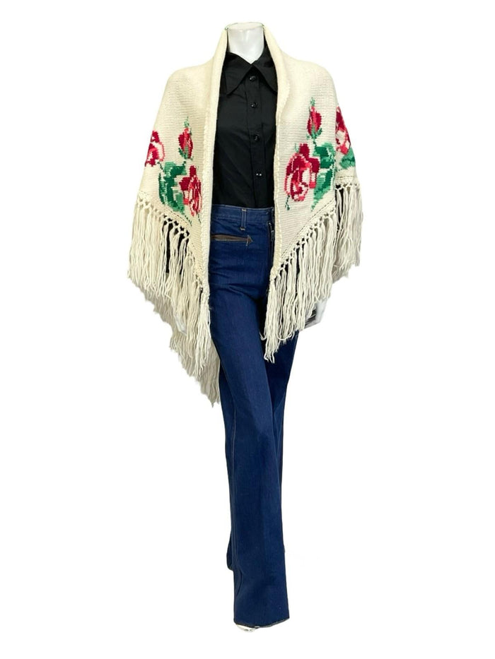 VTG 60S 70S CREAM PINK GREEN ROSE FLORAL FRINGED BOHO WOOL WRAP PONCHO ONE SIZE