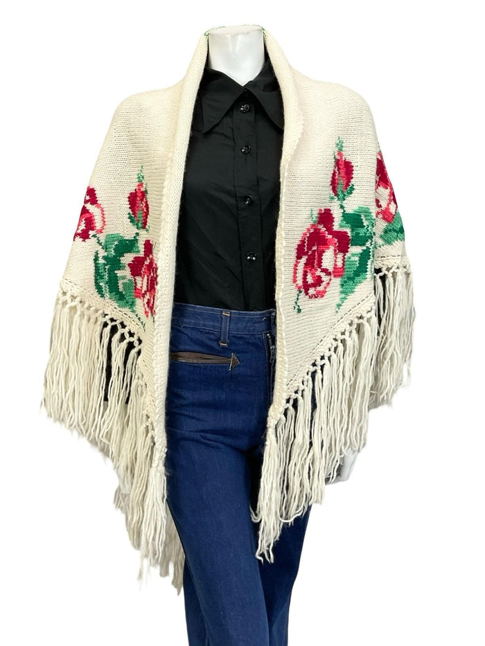 VTG 60S 70S CREAM PINK GREEN ROSE FLORAL FRINGED BOHO WOOL WRAP PONCHO ONE SIZE