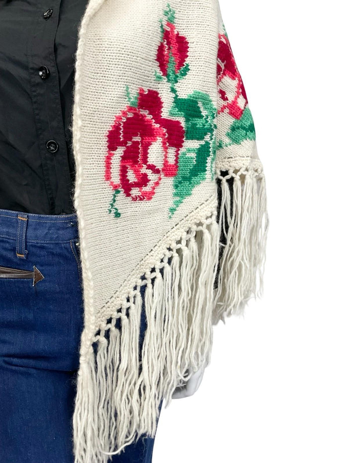 VTG 60S 70S CREAM PINK GREEN ROSE FLORAL FRINGED BOHO WOOL WRAP PONCHO ONE SIZE