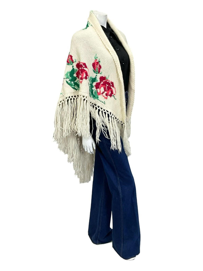 VTG 60S 70S CREAM PINK GREEN ROSE FLORAL FRINGED BOHO WOOL WRAP PONCHO ONE SIZE