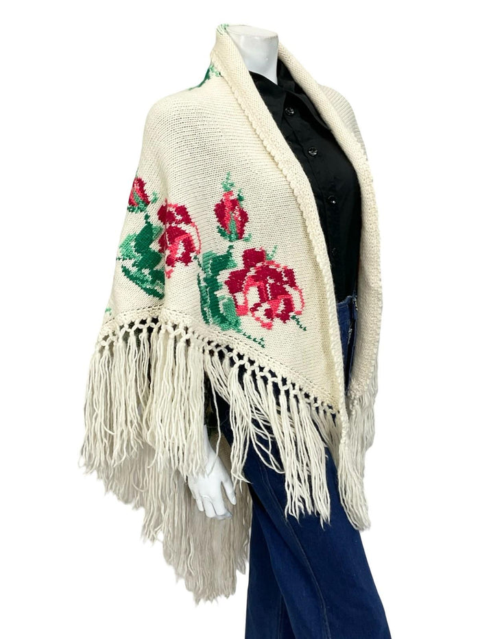 VTG 60S 70S CREAM PINK GREEN ROSE FLORAL FRINGED BOHO WOOL WRAP PONCHO ONE SIZE