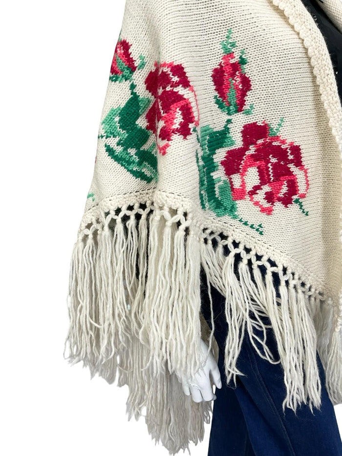 VTG 60S 70S CREAM PINK GREEN ROSE FLORAL FRINGED BOHO WOOL WRAP PONCHO ONE SIZE