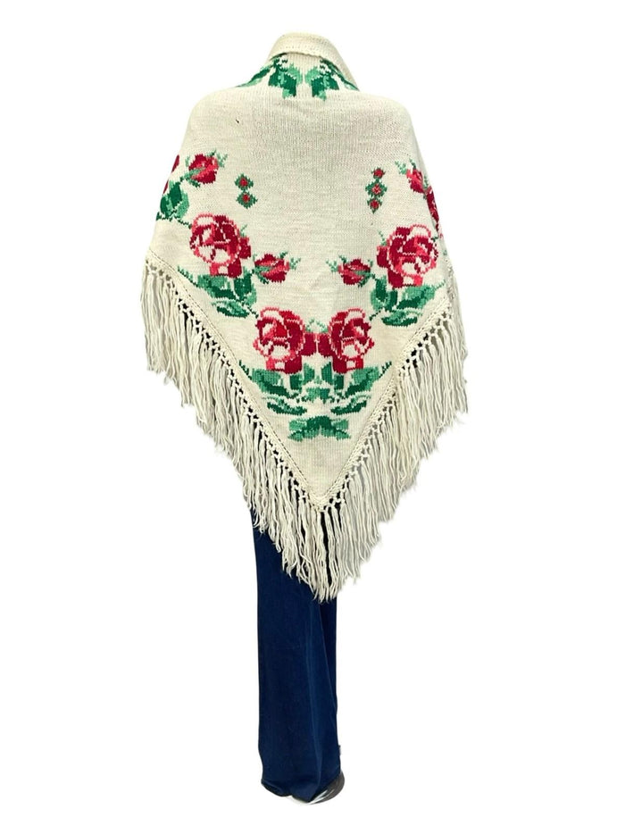 VTG 60S 70S CREAM PINK GREEN ROSE FLORAL FRINGED BOHO WOOL WRAP PONCHO ONE SIZE