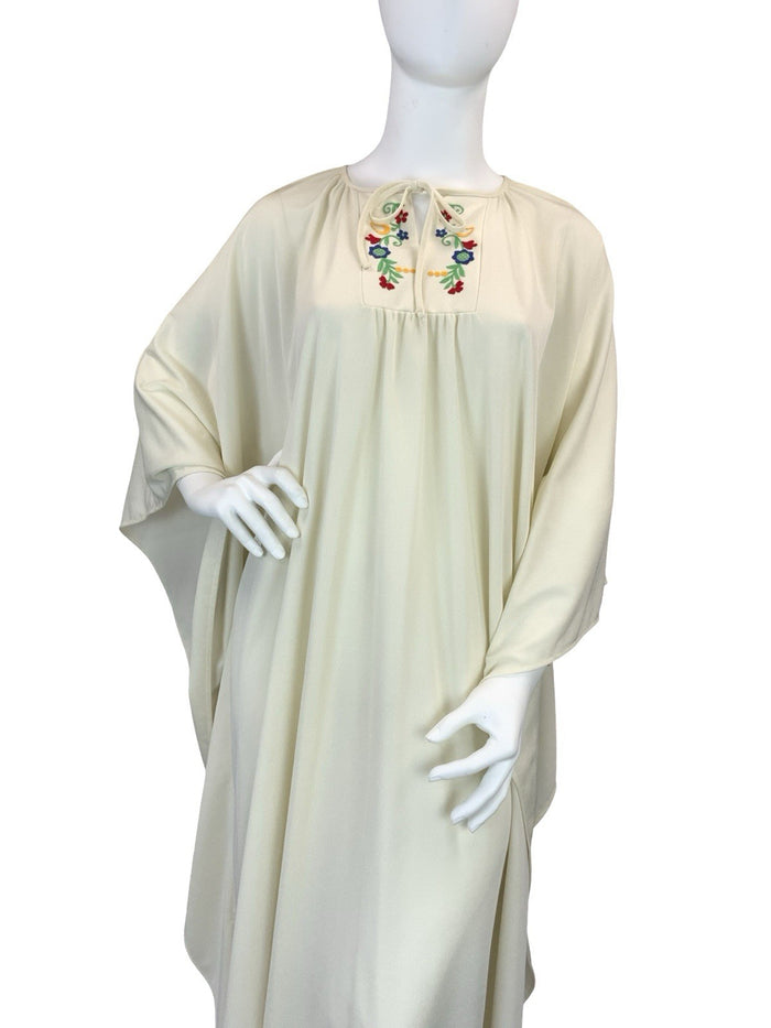 VTG 60S 70S CREAM RED BLUE YELLOW FOLK BOHO FLORAL KAFTAN MAXI DRESS 18