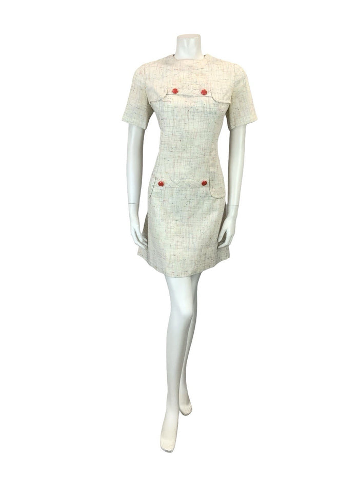 VTG 60S 70S CREAM RED BLUE YELLOW GREEN CROSS HATCH MOD SECRETARY MINI DRESS 10